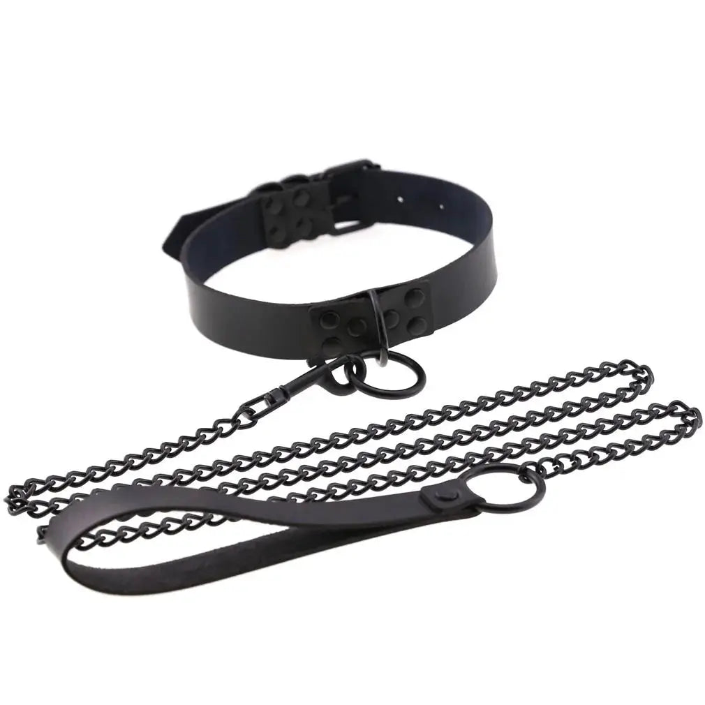 Collier et laisse en cuir synthétique noir, style gothique punk avec chaîne et anneau