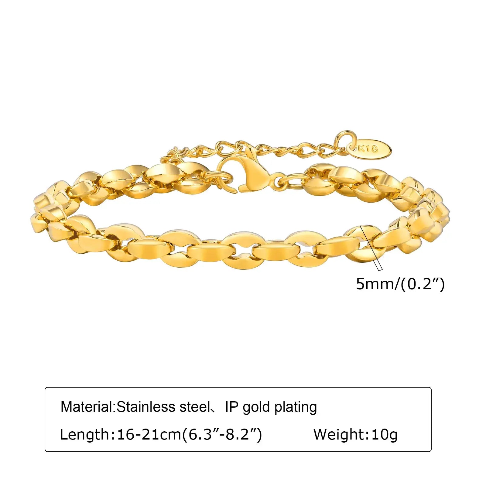 Bracelet trombone réglable en acier inoxydable doré IP par LSDLBoutique, longueur 16–21 cm