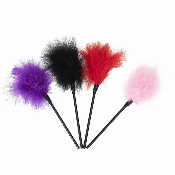 Chatouille en plumes – accessoire sensoriel multicolore sur tiges noires (violet/noir/rouge/rose)