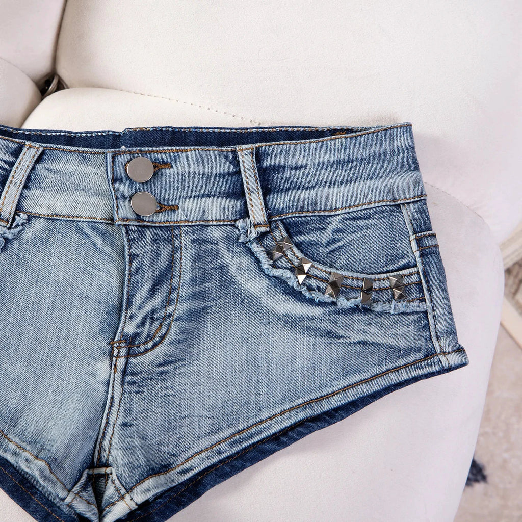 Short En Jean Femme Déchiré Taille Basse Rivets Y2K - LSDLBoutique