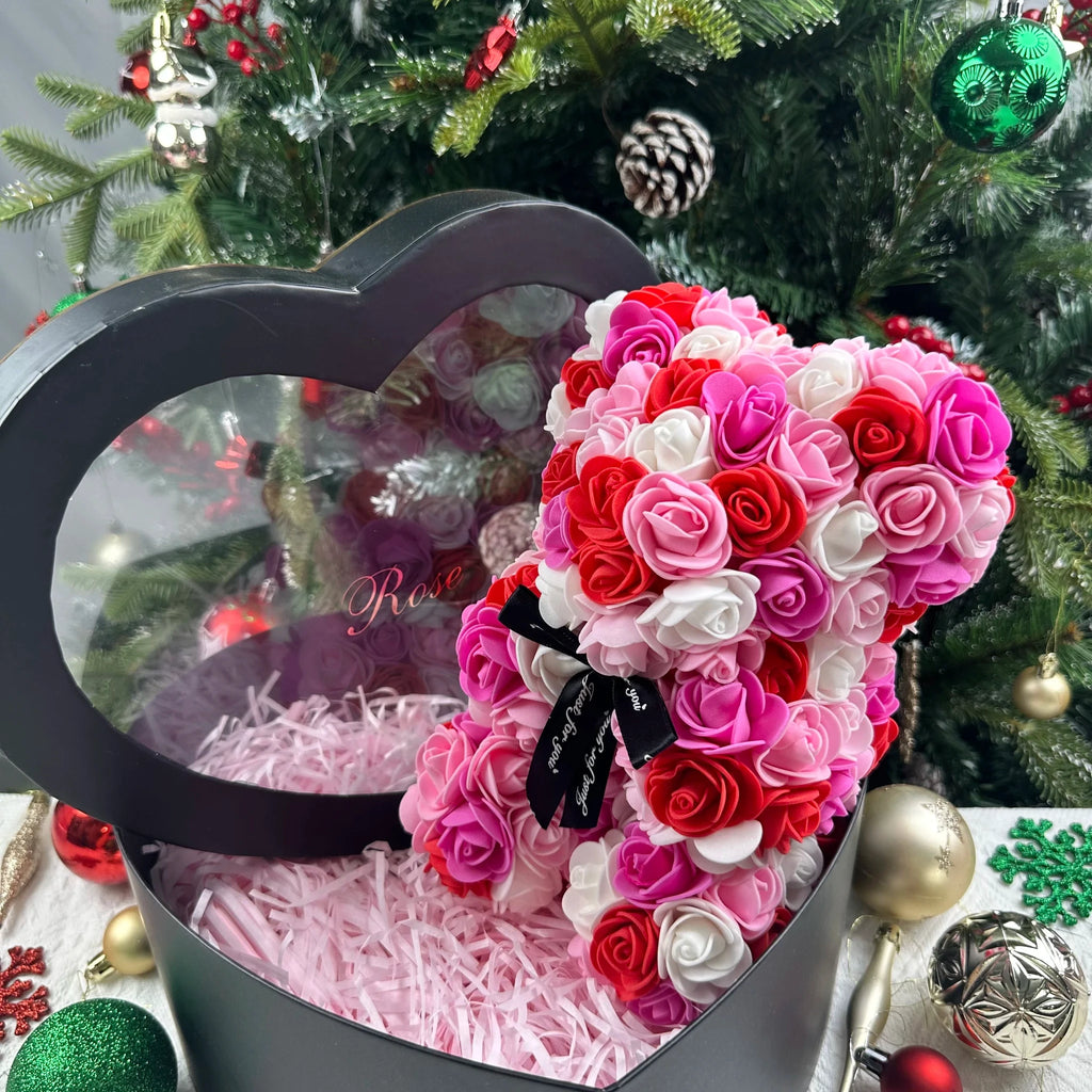 Ourson en roses éternelles avec boîte – 25 cm - LSDLBoutique