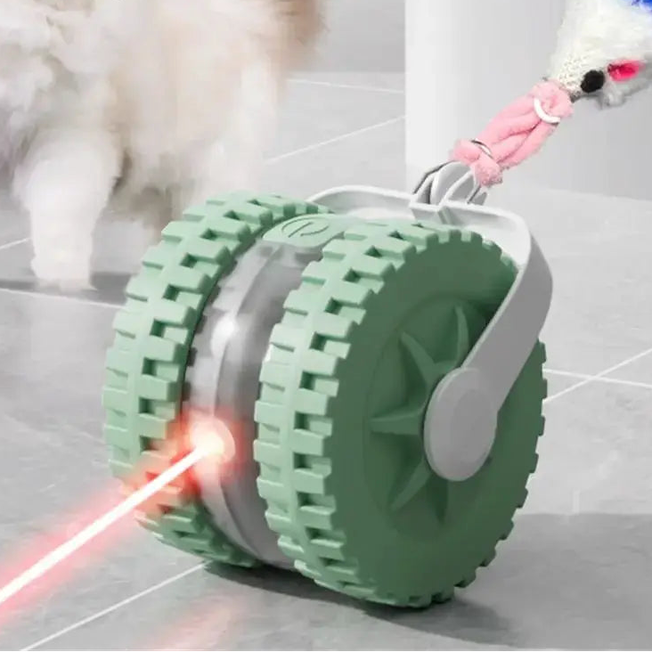 Jouet chat automatique avec laser infrarouge en forme de queue de souris, roue roulante verte et souris en peluche
