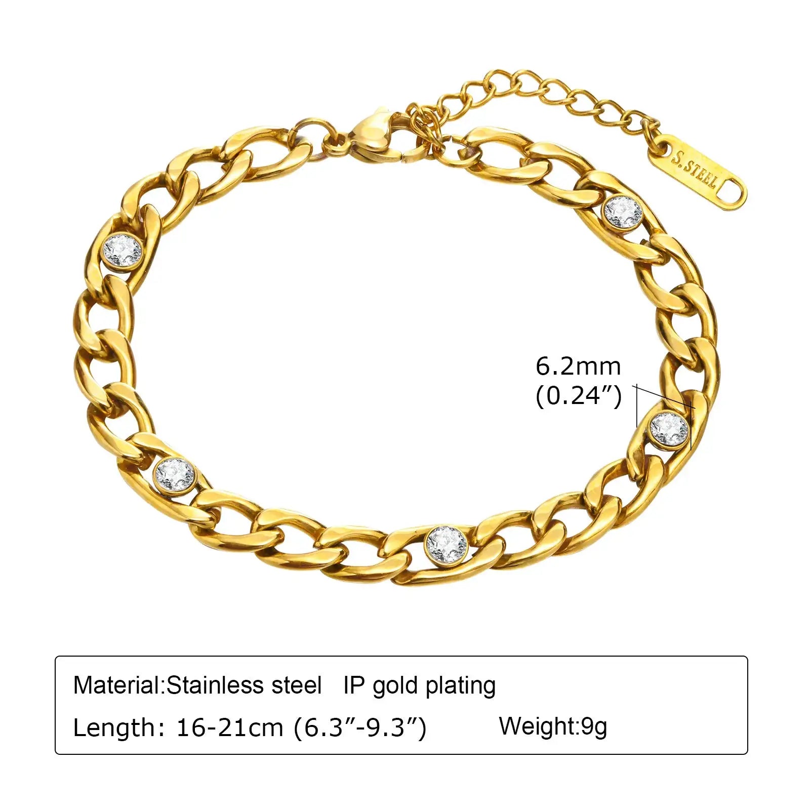 Bracelet trombone réglable en acier inoxydable plaqué or IP, maillons dorés avec pierres incrustées