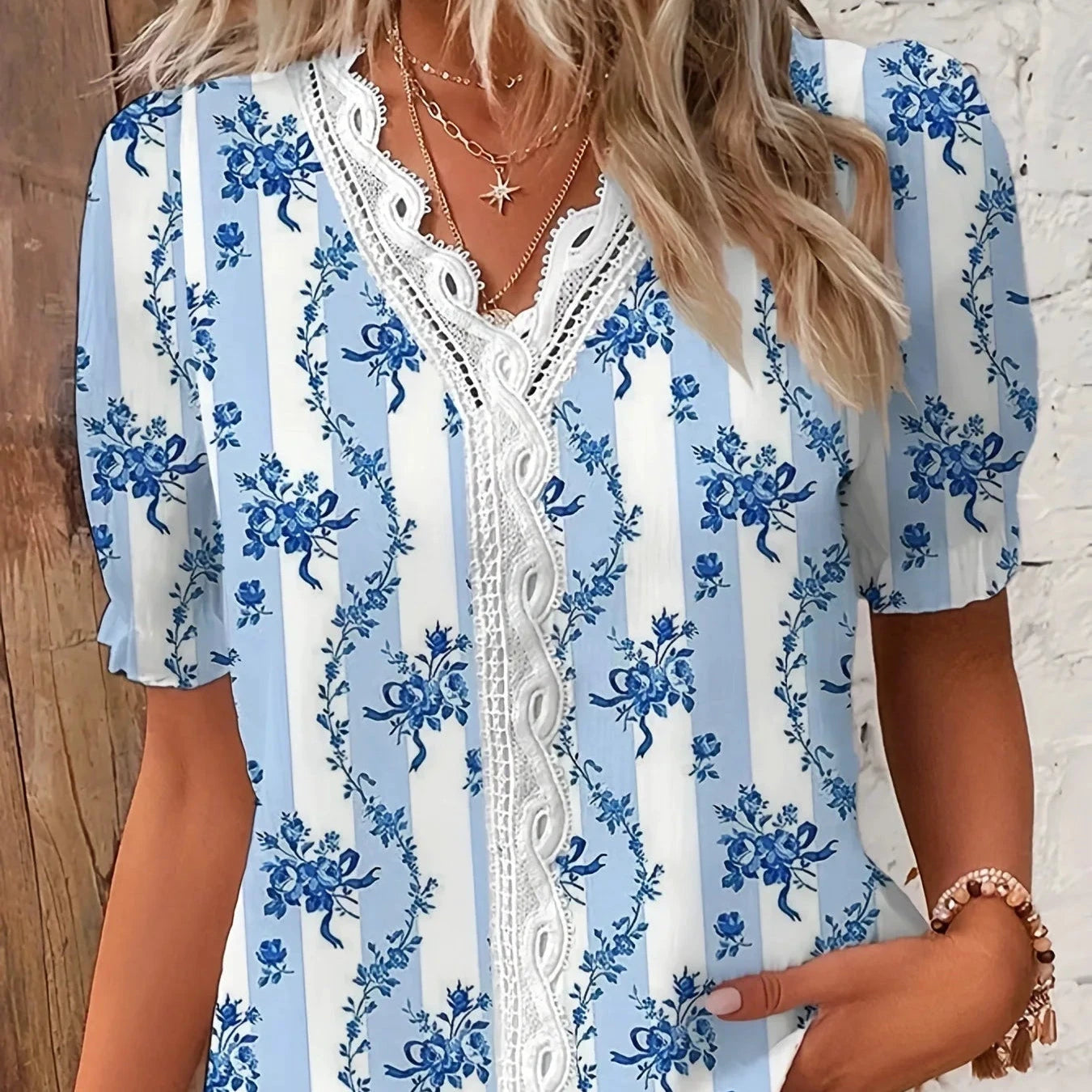 Chemise de vacances féminine en jacquard – Col V ajouré - LSDLBoutique