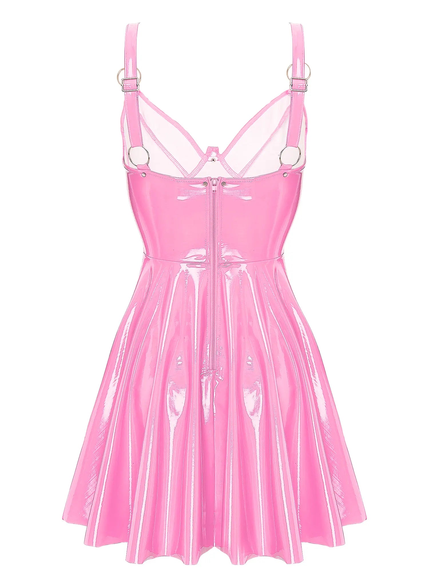 Latex Patent Leather-Effect Dress – Zip-Back, Riveted Rings, Gothic Style