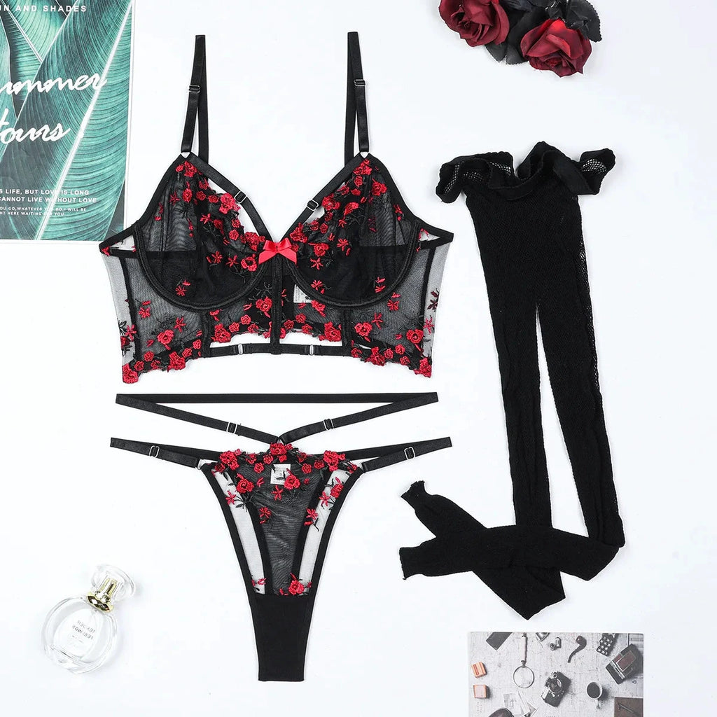 Les Secrets de Léa – Ensemble lingerie corset dentelle noir & rouge – Minnie - LSDLBoutique