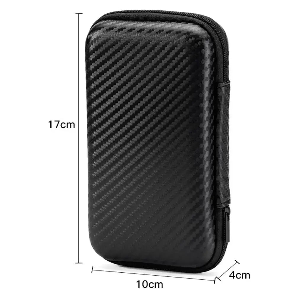 Etui de transport rigide en EVA noir, fini carbone, zip, dimensions 17 cm × 10 cm × 4 cm