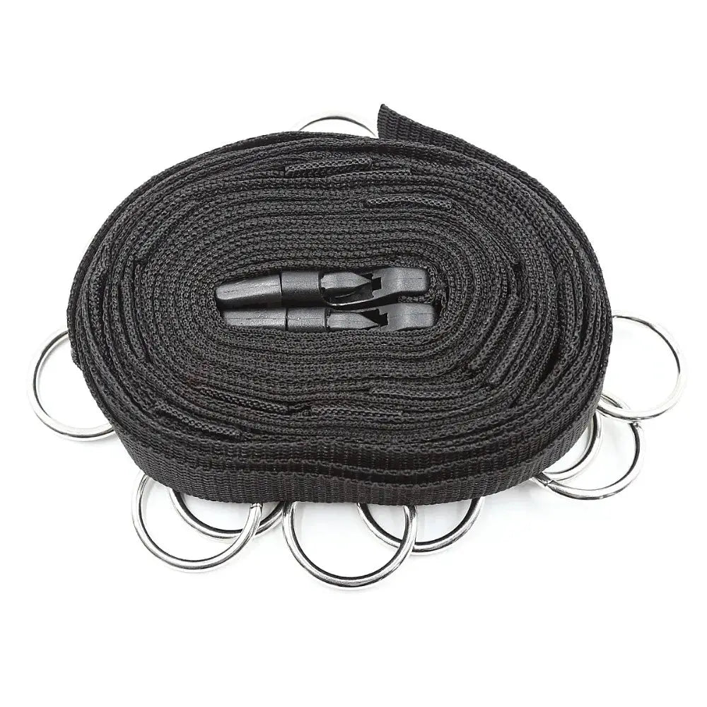 Ensemble de retenue – menottes et manchettes de cheville, noir en nylon avec anneaux argentés.