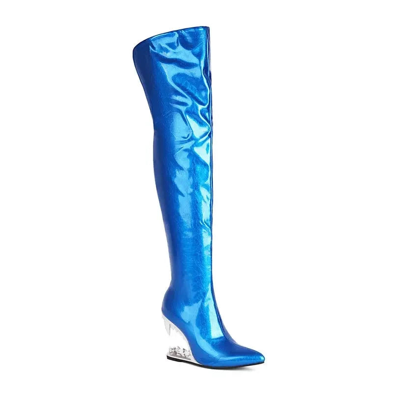 Damen-Overknees – Tigerhai-Zahnmuster – Lackleder