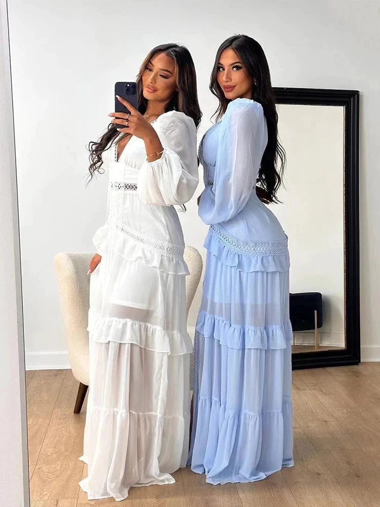 Robe longue ajourée col V taille empire manches lanternes - LSDLBoutique