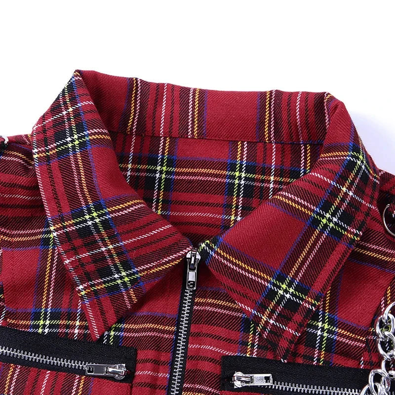 T-shirt court sans manches à carreaux femme – Zip frontal - LSDLBoutique