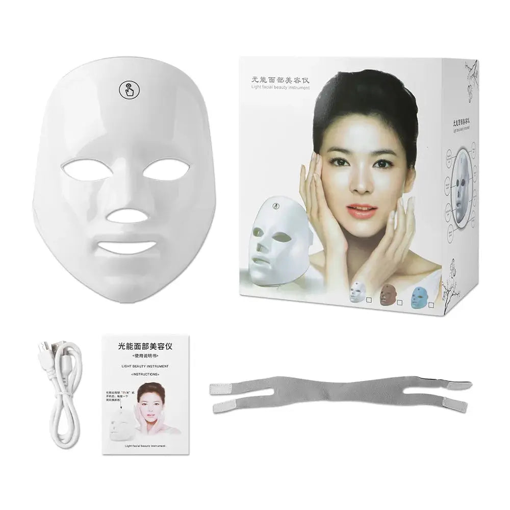 Masque LED visage blanc 7 couleurs – set avec câble USB, manuel et sangles grises (LSDLBoutique)