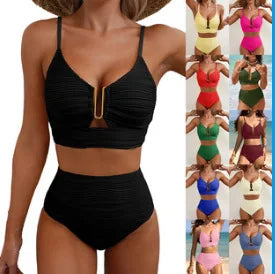 Zweiteiliger High-Waist Triangel-Badeanzug – Pure Color