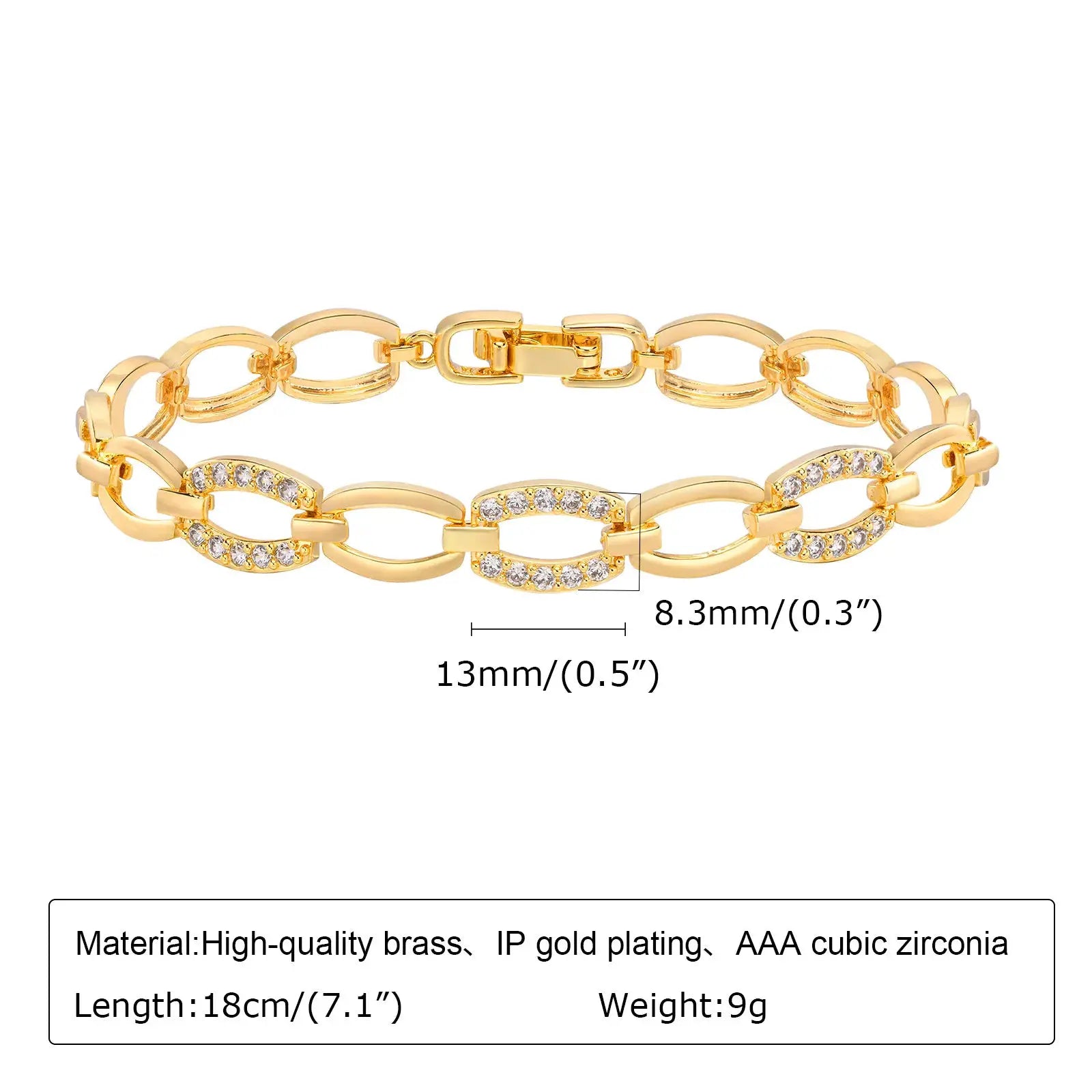 Bracelet trombone réglable LSDLBoutique en acier inoxydable doré, maillons ovales avec zircons cubiques