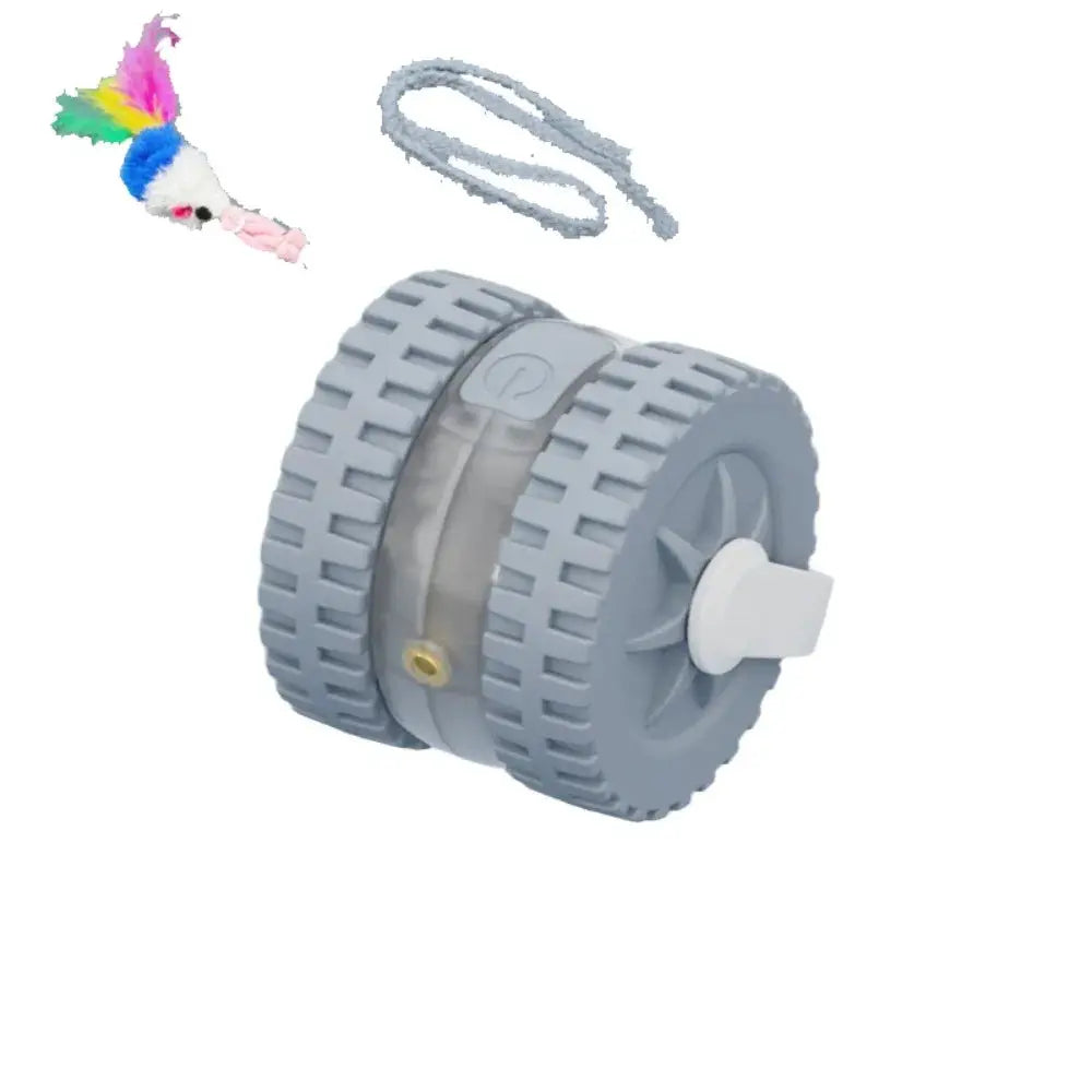Jouet pour chat LSDLBoutique: roue grise à texture rugueuse avec bouton; souris jouet à plumes colorées à côté