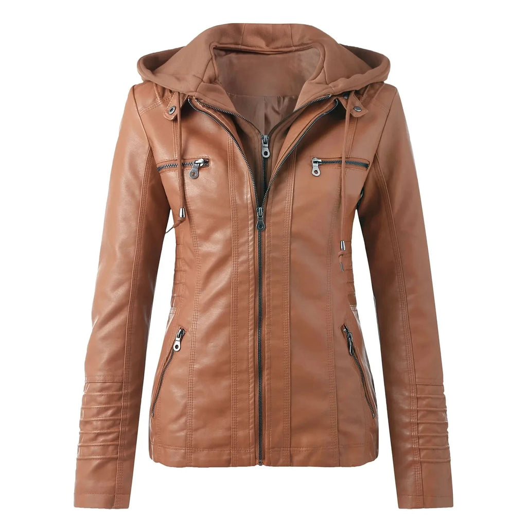 Veste Moto Femme Cuir Synthétique à Capuche – Fermeture Éclair – Café | Les Secrets de Léa