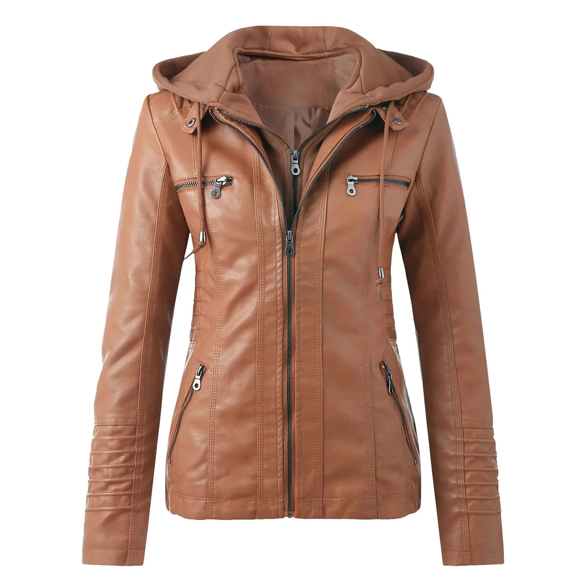 Veste Moto Femme Cuir Synthétique à Capuche – Fermeture Éclair – Café | Les Secrets de Léa