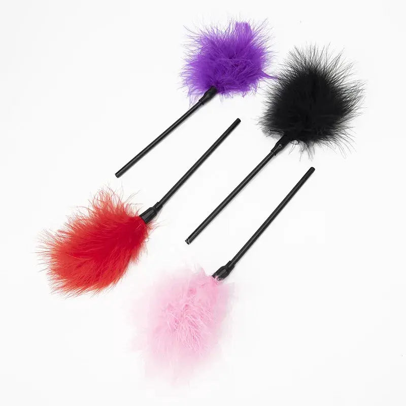 Chatouille en plumes LSDLBoutique – 4 accessoires sensoriels à plumes violette, noire, rouge et rose sur tiges noires