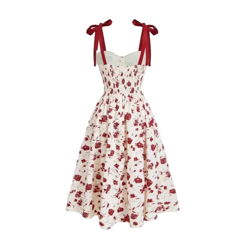 Robe midi à bretelles imprimé floral, fond crème avec fleurs rouges, bretelles ruban rouges LSDLBoutique