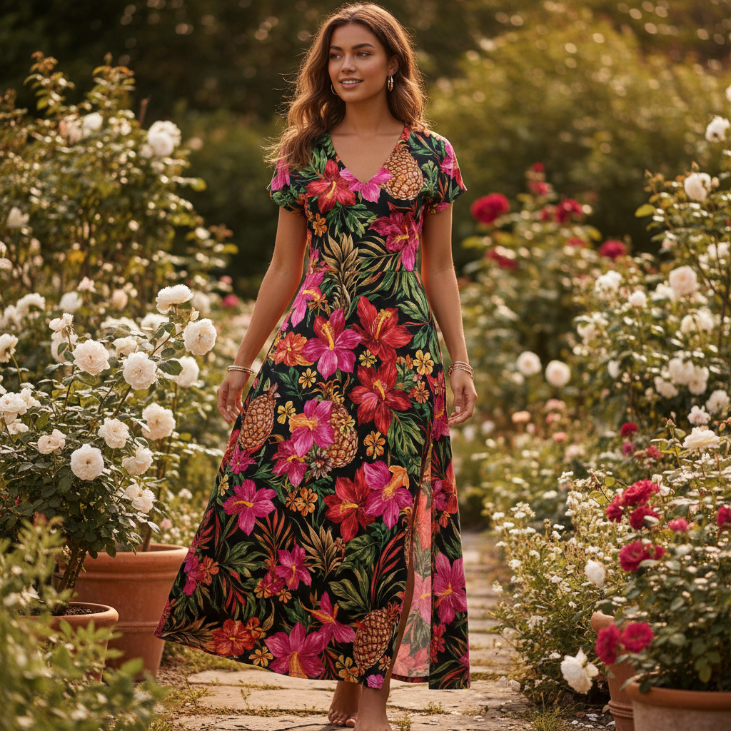 Robe longue florale – Col en V, manches courtes, fente latérale