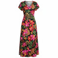 Robe longue florale – Col en V, manches courtes, fente latérale