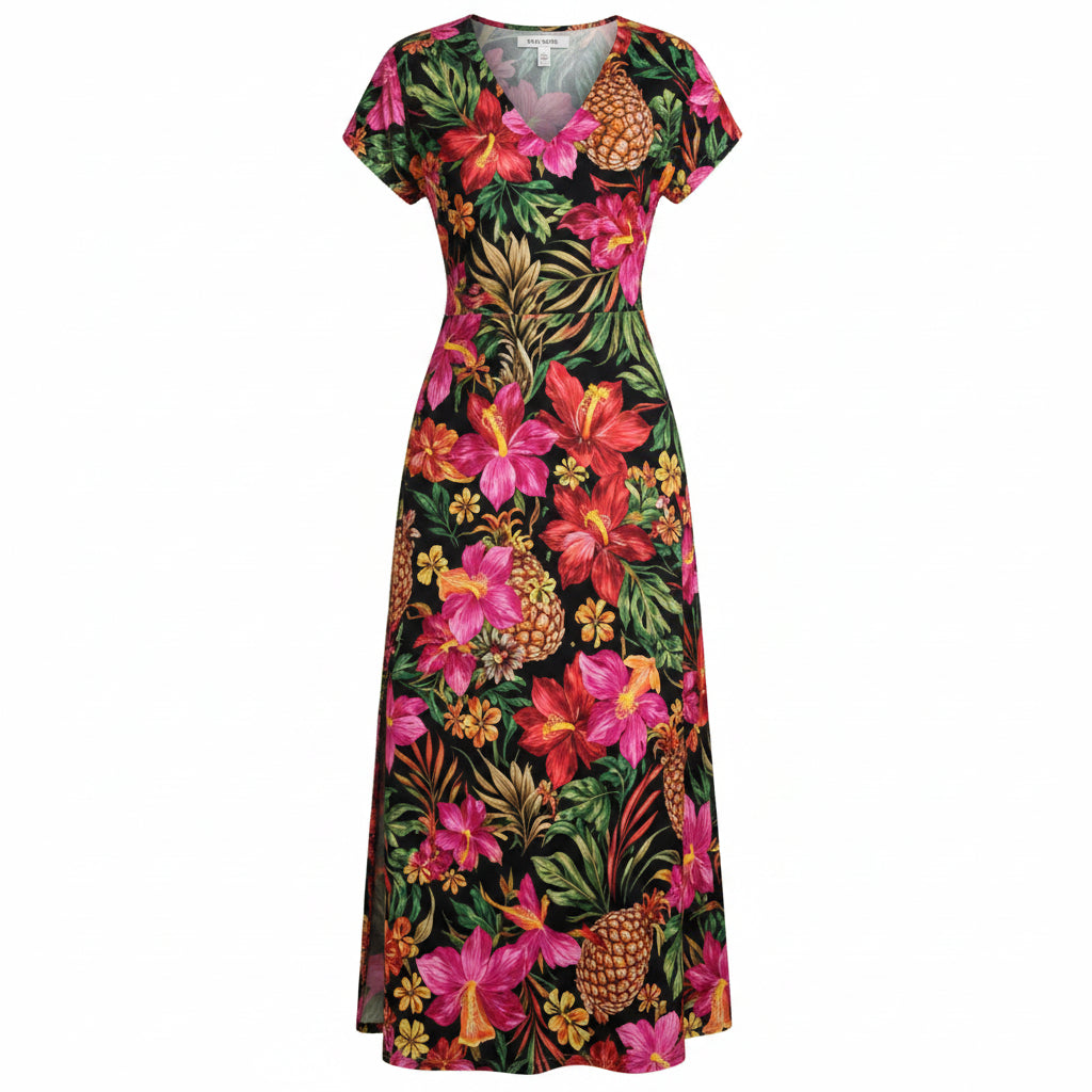 Robe longue florale – Col en V, manches courtes, fente latérale