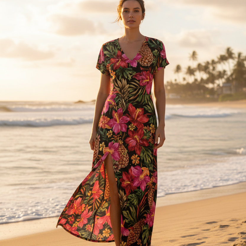 Robe longue florale – Col en V, manches courtes, fente latérale