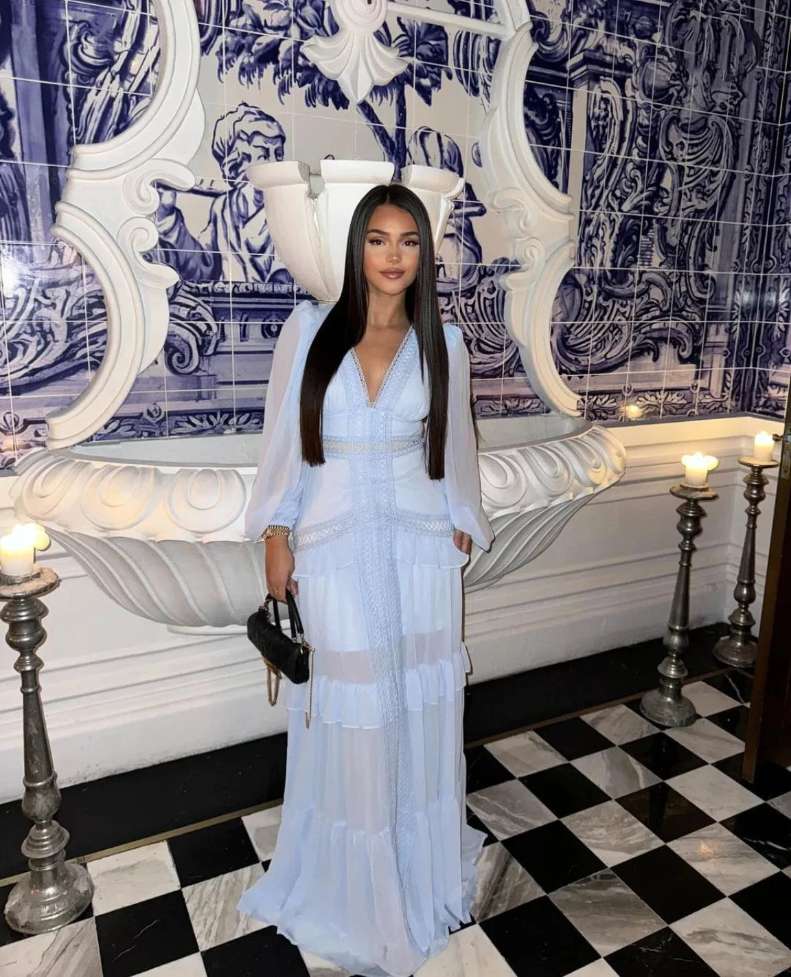Robe longue ajourée col V taille empire manches lanternes - LSDLBoutique