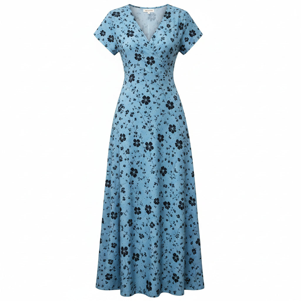 Robe longue florale – Col en V, manches courtes, fente latérale