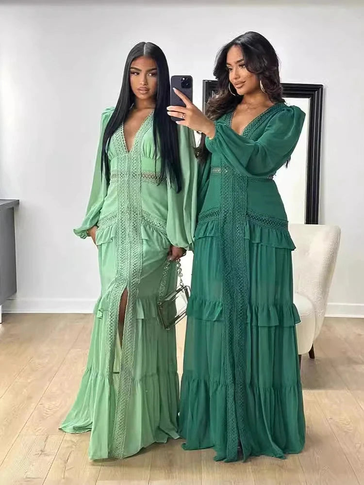 Robe longue ajourée col V taille empire manches lanternes - LSDLBoutique