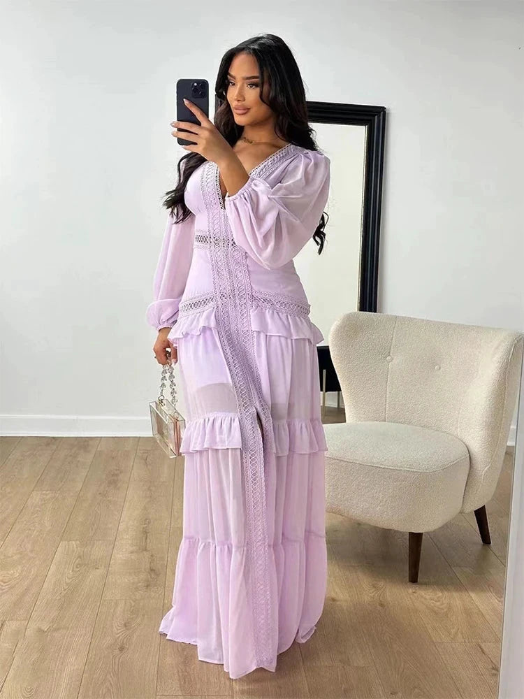 Robe longue ajourée col V taille empire manches lanternes - LSDLBoutique