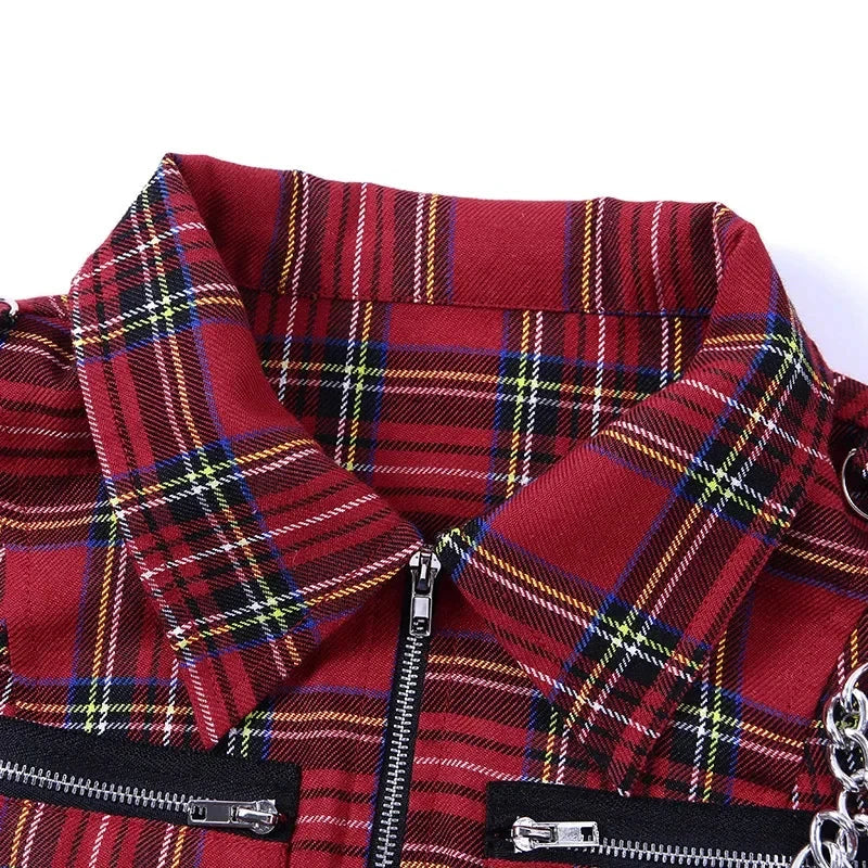 T-shirt court sans manches à carreaux femme – Zip frontal - LSDLBoutique