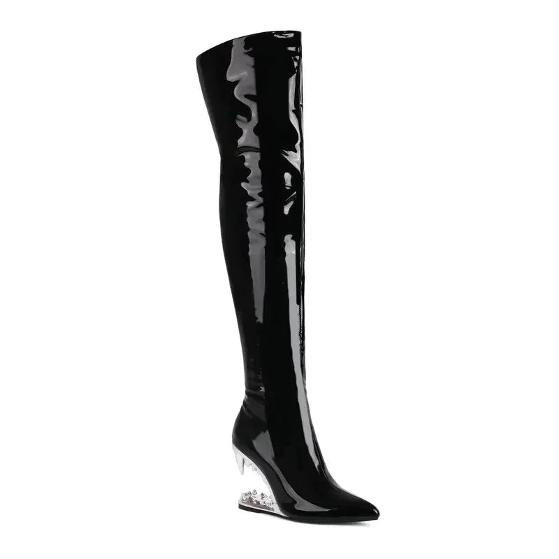 Damen-Overknees – Tigerhai-Zahnmuster – Lackleder