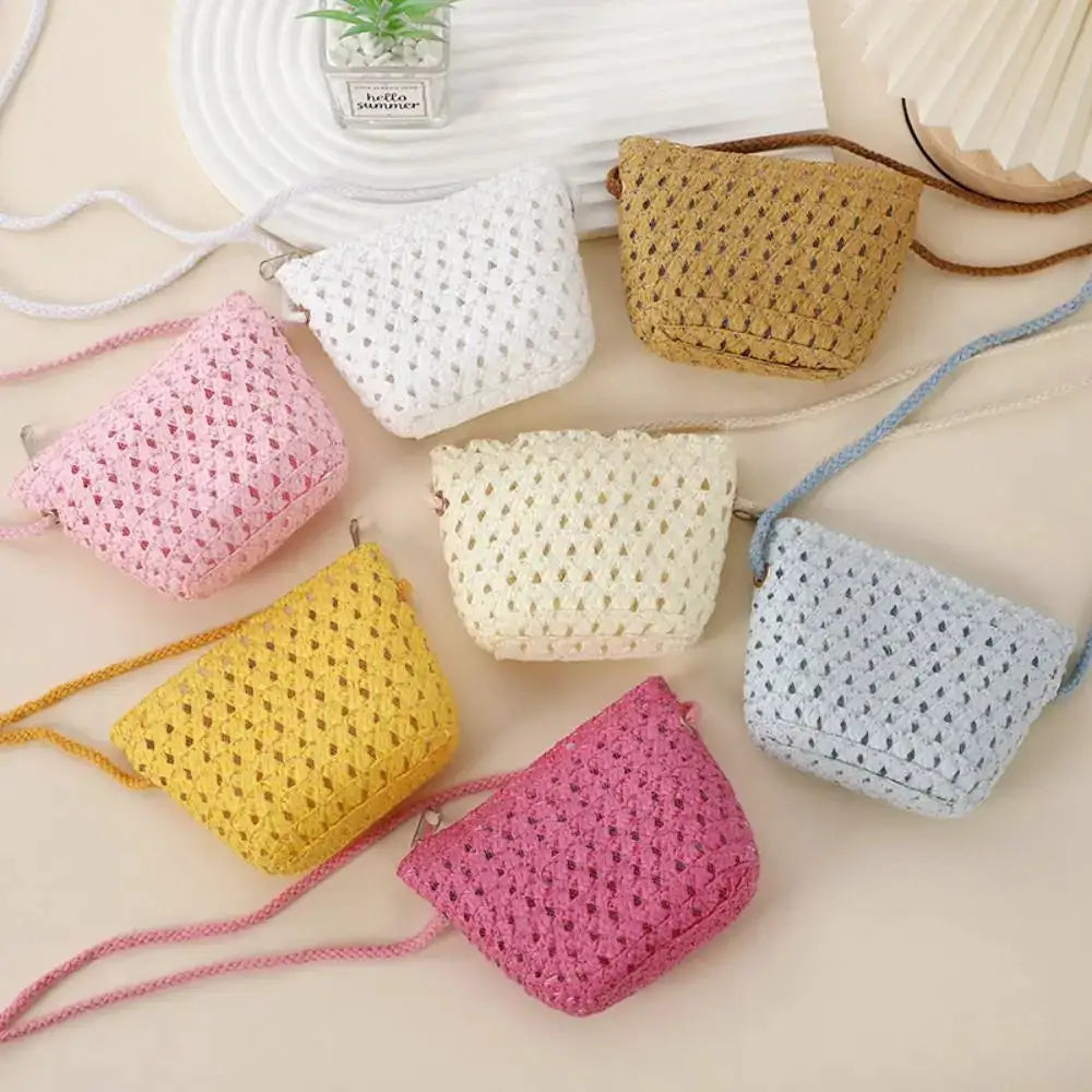 Mini sac en paille tressée pour enfant, ensemble multicolore avec cordons, fait main