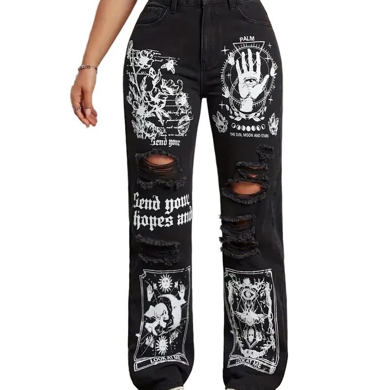 Jeans droits imprimés et déchirés – 2025 New Style - LSDLBoutique