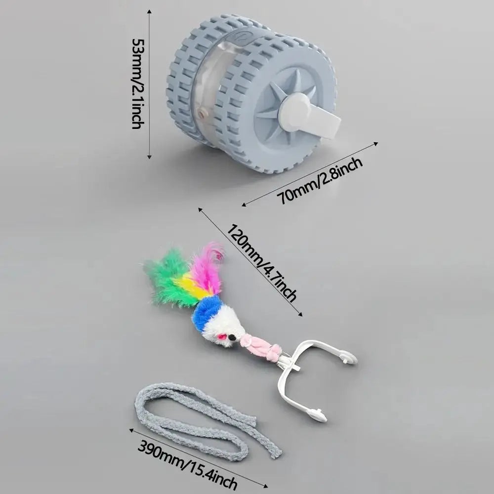 Jouet pour chat automatique en forme de queue de souris, peluche blanche avec plumes multicolores et rotation auto