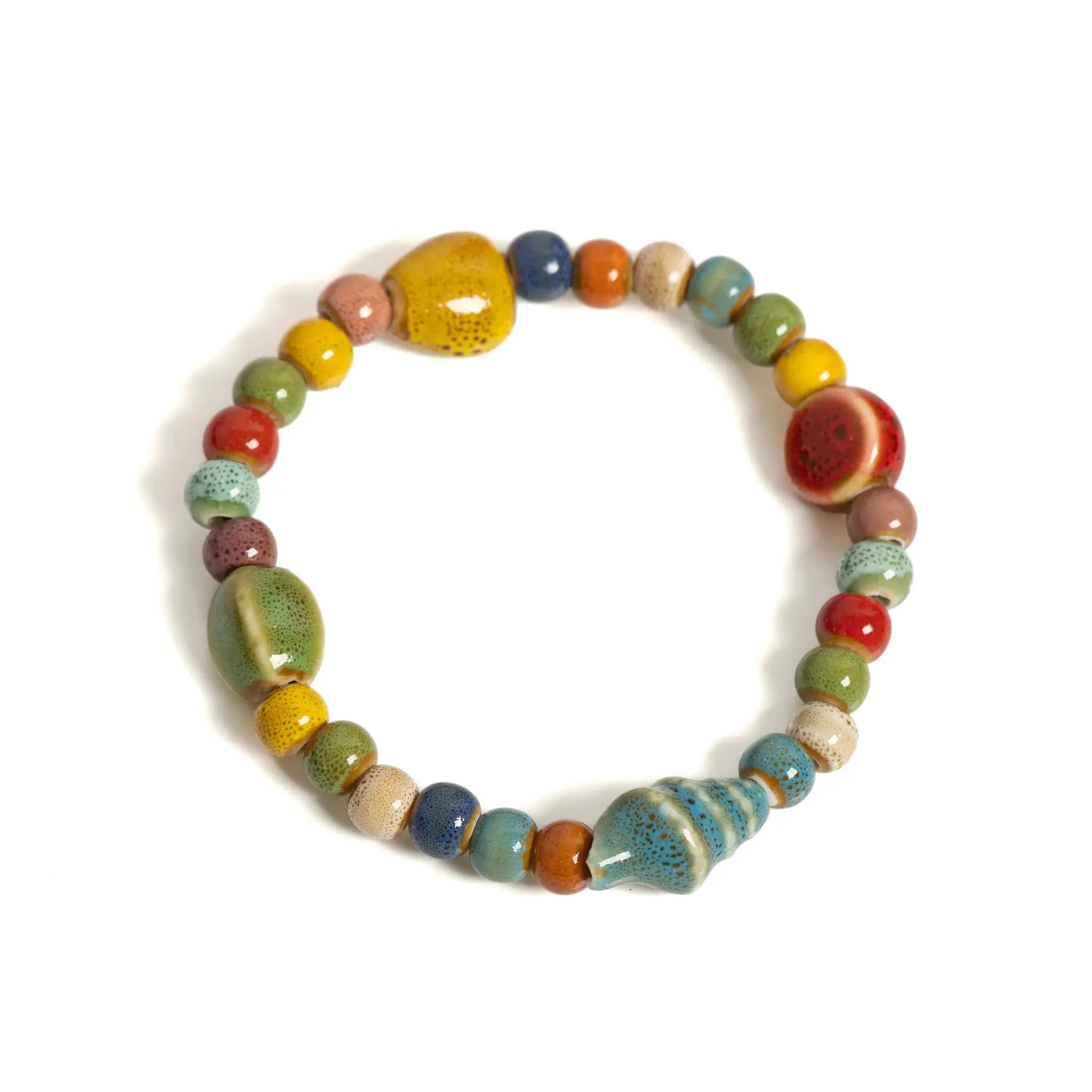 Bracelet élastique en perles en céramique multicolores avec motifs étoile de mer et coquillage, style boho plage