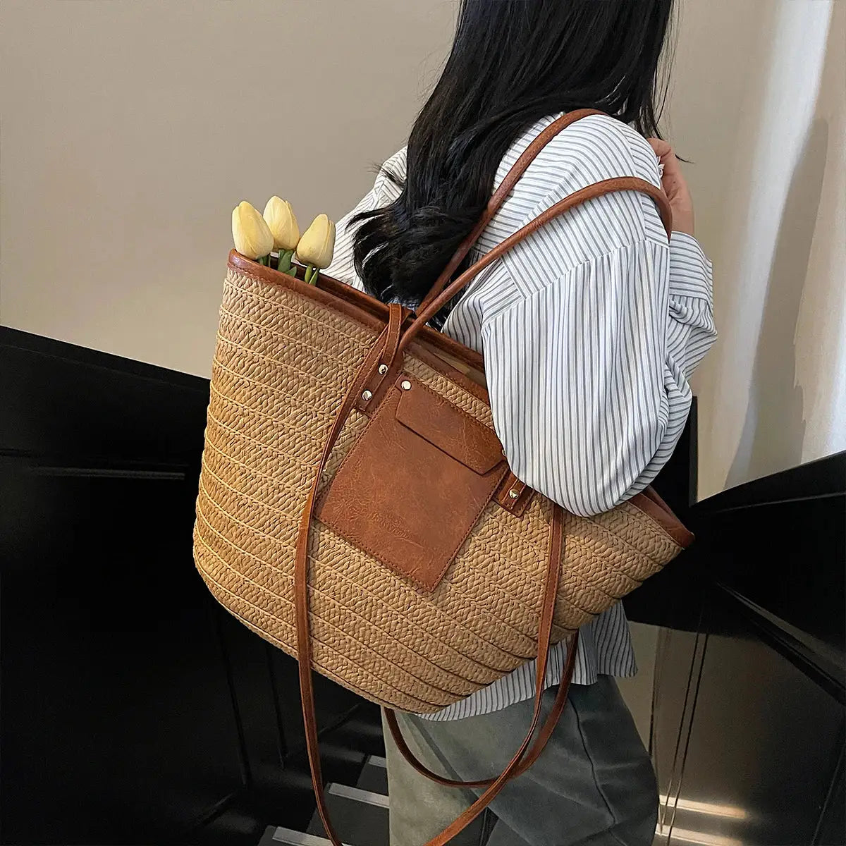 Sac cabas de plage en paille tressée - LSDLBoutique