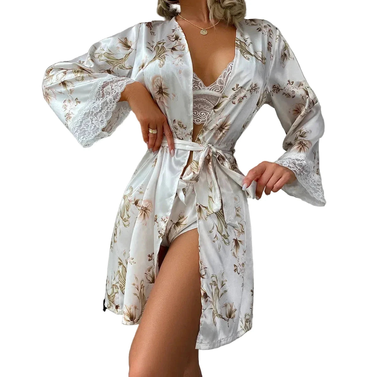 Les Secrets de Léa – Pyjama satin dentelle avec kimono Laly - LSDLBoutique