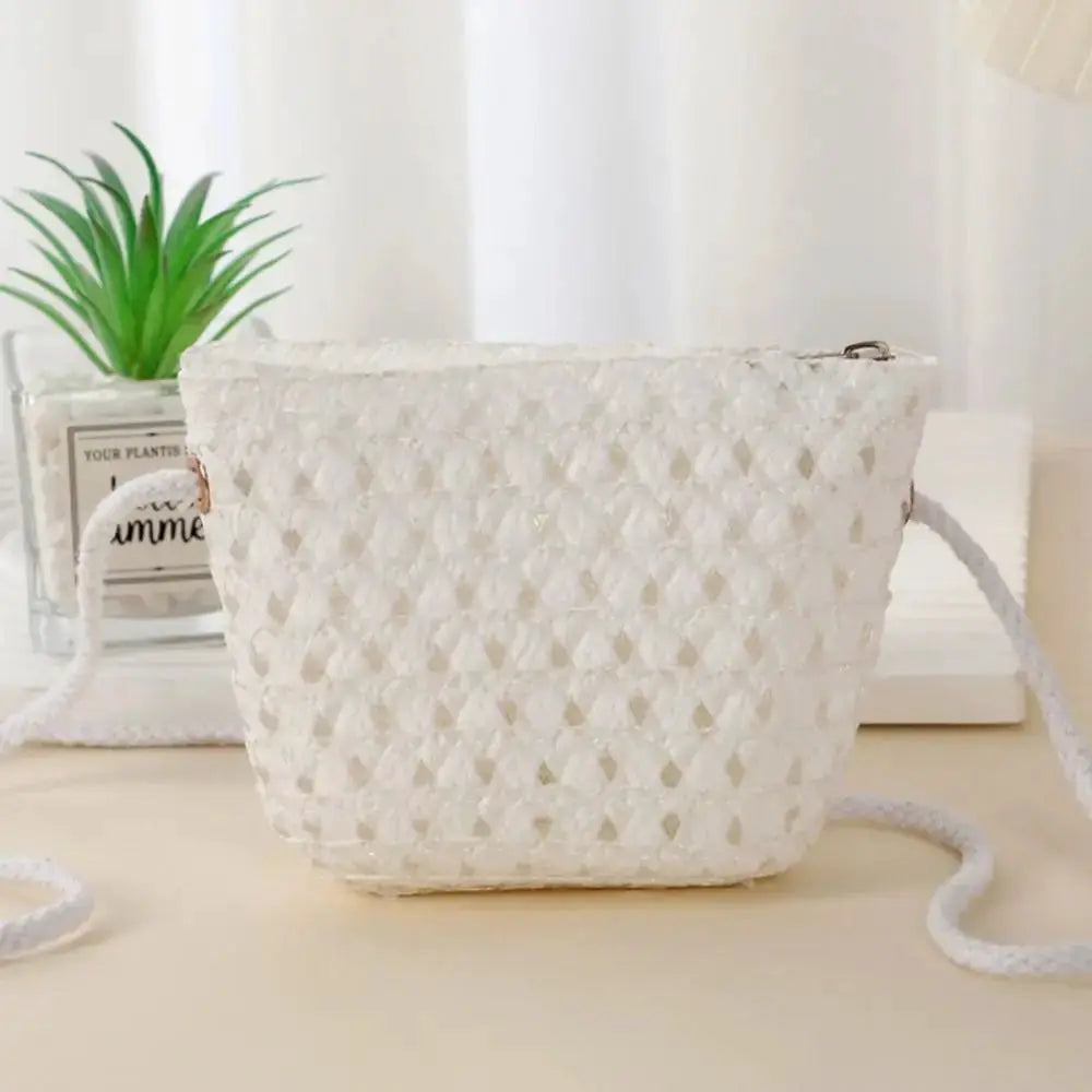 Mini sac en paille tressée blanc, fait main, pour enfant, été, avec anse longue