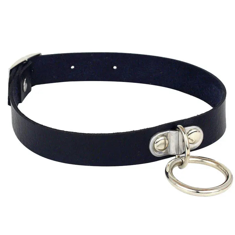 Collier ras du cou en PU noir avec anneau argenté et rivets, style gothique punk
