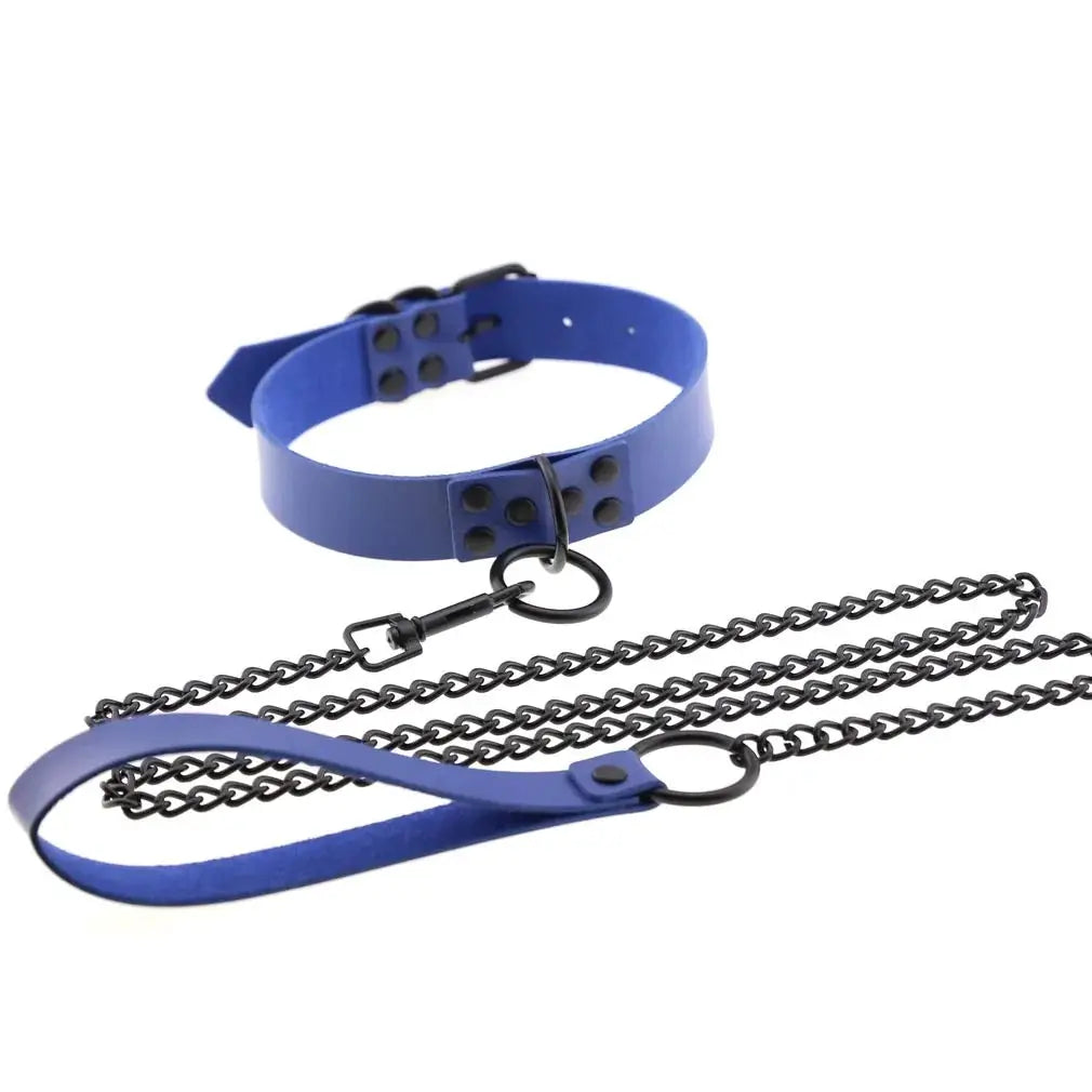 Collier et laisse en cuir synthétique bleu, style gothique punk avec chaînes noires et anneau métallique