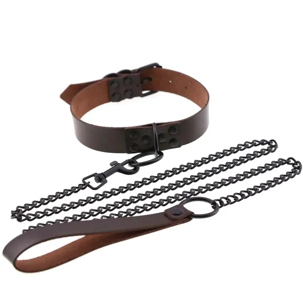 Collier de laisse en cuir synthétique noir et brun avec chaîne métallique; style gothique punk LSDLBoutique