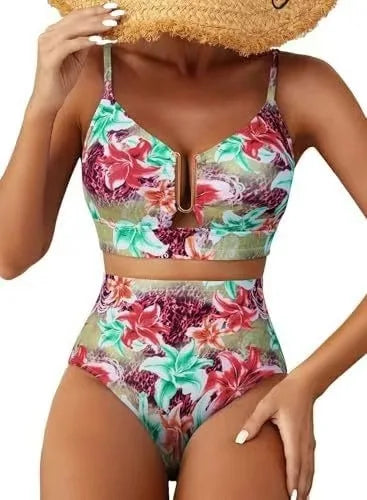 Zweiteiliger High-Waist Triangel-Badeanzug – Pure Color