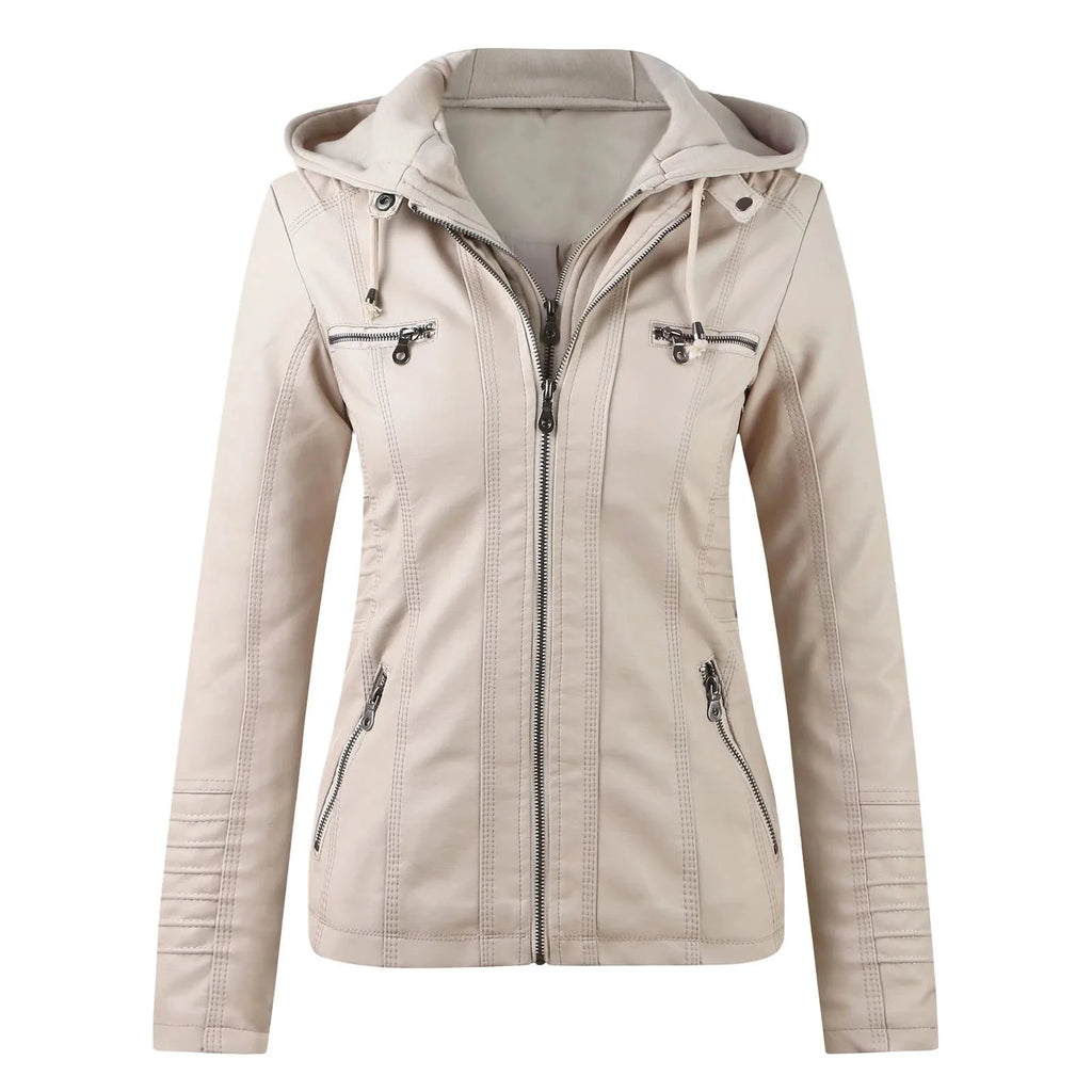 Veste Moto Femme Cuir Synthétique à Capuche – Fermeture Éclair – beige | Les Secrets de Léa