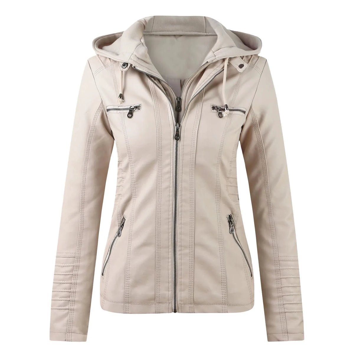 Veste Moto Femme Cuir Synthétique à Capuche – Fermeture Éclair – beige | Les Secrets de Léa