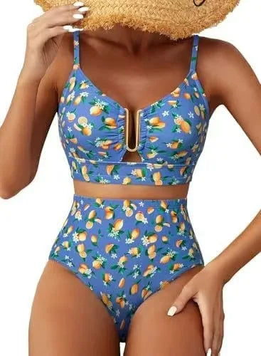 Zweiteiliger High-Waist Triangel-Badeanzug – Pure Color