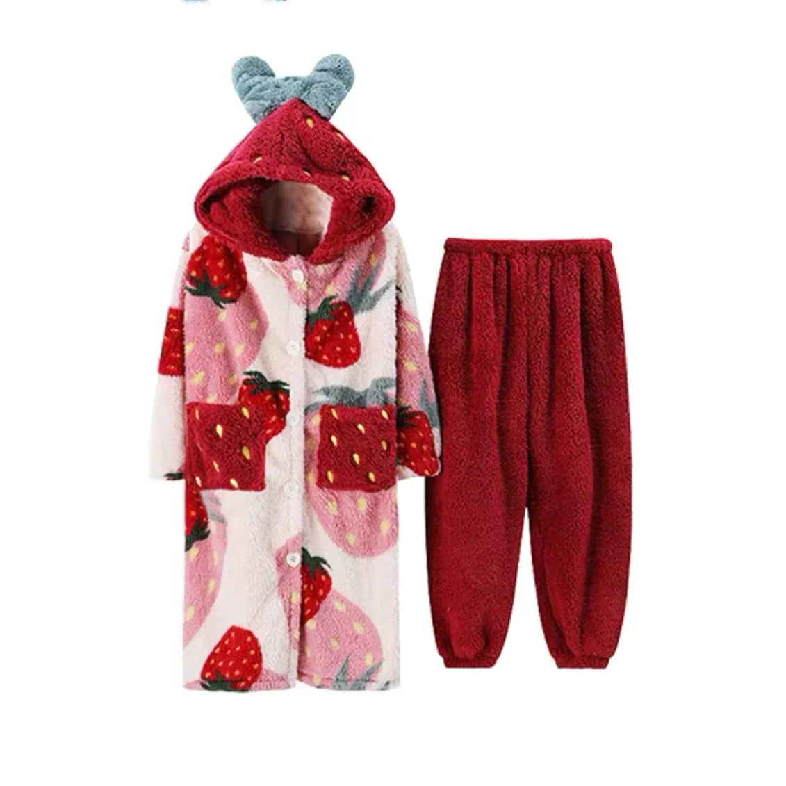Pyjama d’hiver polaire à capuche motif fraise – robe et pantalon - LSDLBoutique
