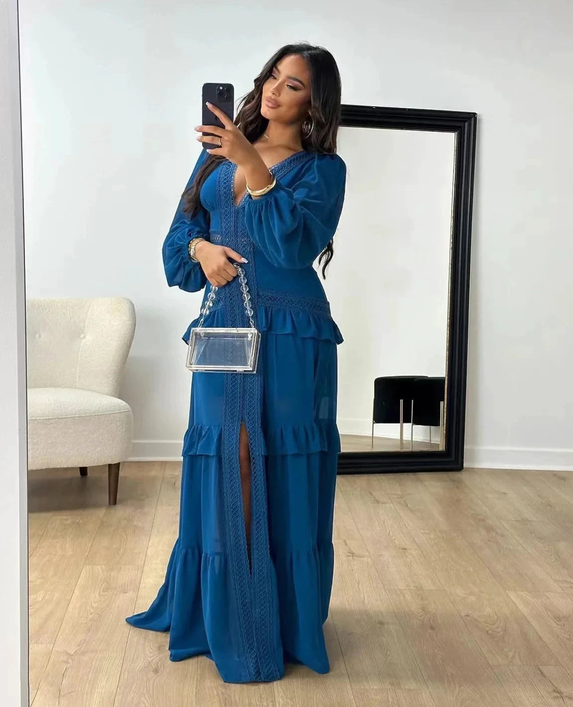 Robe longue ajourée col V taille empire manches lanternes - LSDLBoutique