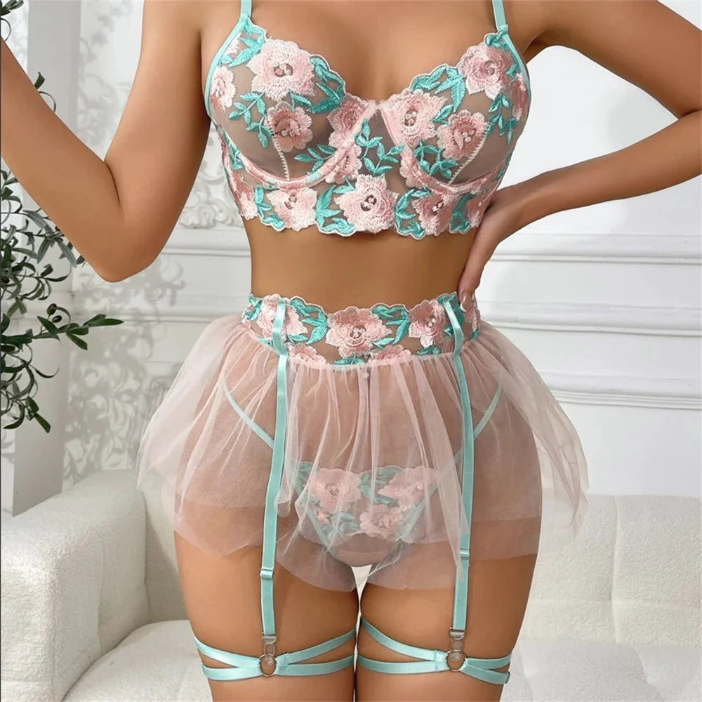 Les Secrets de Léa – Ensemble lingerie maille transparente florale – Béryl - LSDLBoutique